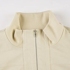 Ribbed Zippered Pocket Long Sleeve Short Panelled Jacket