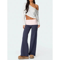 Folded Over Elastic Low Waist Contrast Color Wide Leg Sweatpants