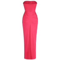 Strapless Rose Corset Pleated Asymmetrical Split Maxi Dress