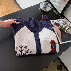 Christmas Print Long Sleeve Buttoned Sweater