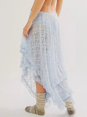 Lace Ruffle Sheer Asymmetrical Hemline Midi Skirt
