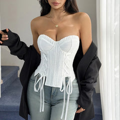 White Pleated Texture Lace Up Strapless Corset Top