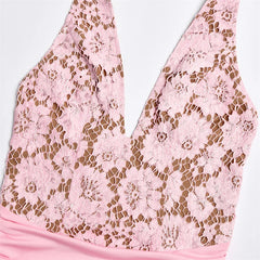Pink Lace Halter Deep V-Neck Ruched Waist Maxi Dress