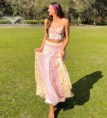 Pink And Yellow Floral Patchwork Cami Crop Top And Maxi Skirt Set
