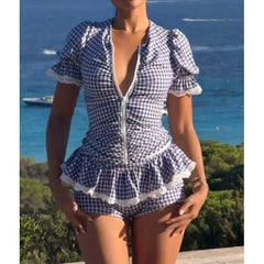Lace Trim Gingham Puff Sleeve T-Shirt And Ruffle Hem Shorts Set