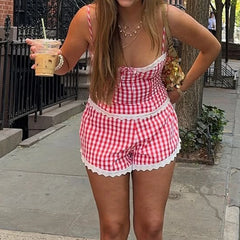 Plaid Lace Trim Bustier Crop Top And Shorts Set