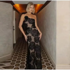 Black One-Shoulder Floral Desgin Long Dress