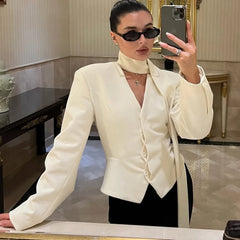 Stripe Tailored Coat With Scarf Top