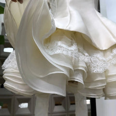White Satin Square Collar Detachable Lace Bow Frill Hem Mini Dress