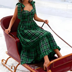 Plaid Sleeveless Tie Up Maxi Dress