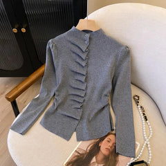 Long Sleeve Pleated Button Up Cardigan
