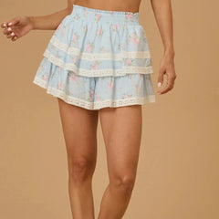 Floral Trim Layered Ruffle Mini Skirt