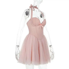Pink Halter Tie Up Tulle Mini Dress