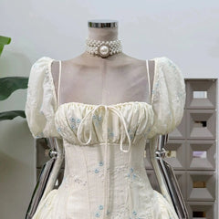 Puff Sleeve Square Collar Embroidery Mini Dress