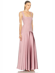 Pink Square Neck Straps Satin Patchwork Maxi Dress