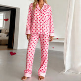 Pink Heart Dot Print Long Sleeve Turn Down Collar Top and Elastic Waist Pants Set