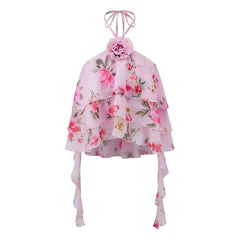 Pink Floral Halter Tiered Ruffled with 3D Flower Crop Top