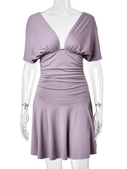 Deep V-neck Short Sleeve Solid Ruched Mini Dress