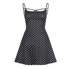 Black Polka Dot Lace Up Back Mini Dress