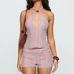 Striped Halter Keyhole Cutout Back Lace Up Crop Top And Shorts Set