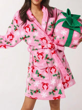 Christmas Fuzzy Fleece Short Robes with Belt Pockets