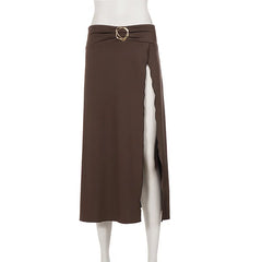 Brown Belted Slit Midi Skirt
