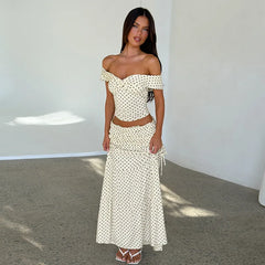 White Polka Dot Crop Top And Side Bow Skirt Set