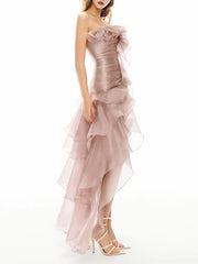 Strapless Mesh Ruffles Fringe Midi Dress