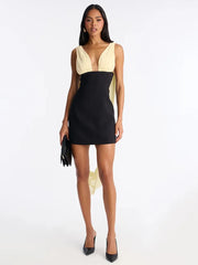 Contrast Black Deep V-Neck Draped Sleeve Bodycon Mini Dress