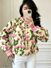 Embroidered Knit 3D Floral Print Zip Up Jacket