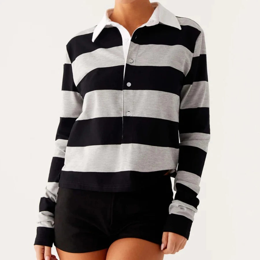 Black and white striped shirt worn by a model