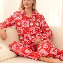 Xmas Checkerboard Candy Cane Print Button Down Shirts And Pants Pajamas Set