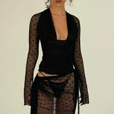Black Mesh Dotted Long Sleeve Tie Up Top