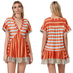 Floral Print Short Sleeve V-Neck Ruffled Hem Loose Mini Dress with Pockets