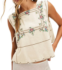 Embroidery Flower Side Tie Tank Top