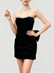 Black Diamonds Trim Velvet Strapless Bowknot Mini Dress