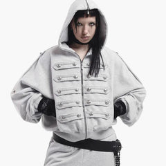 Military Style Braided Chest Trim Zip Up Hoodie