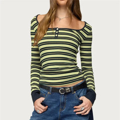 Square Neck Striped Long Sleeve Knit Top
