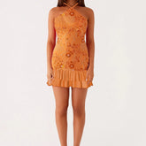 Orange lace dress , halter cross neck