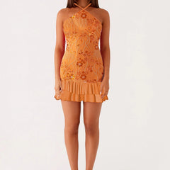 Orange lace dress , halter cross neck