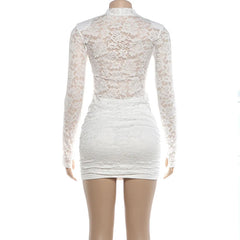 White Lace Long Sleeve Mock Neck Sheer Bodycon Mini Dress