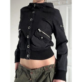 Black Hooded Cargo Snap Button Jacket with Pockets