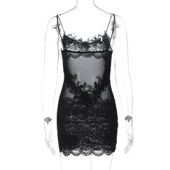 Black Spaghetti Strap Lace Patchwork Mini Dress