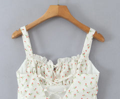 White Rose Flower Print Ruched Chest Mini Dress