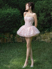 Strapless 3D Flower Appliques Frill Mini Dress
