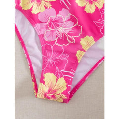 Pink Floral Bead Halter Side Lace Up Bathing Suit Bikini Set