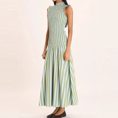 Stripe Smocked High Collar Midi Dress