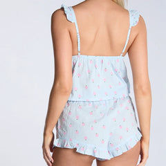 Floral Print Lace Trim Top And Ruffle Hem Shorts Pajama Set