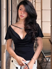 Black Draped Neckline T-Shirt