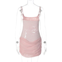 Sequin 3d Flower Strappy Mesh Patchwork Mini Dress